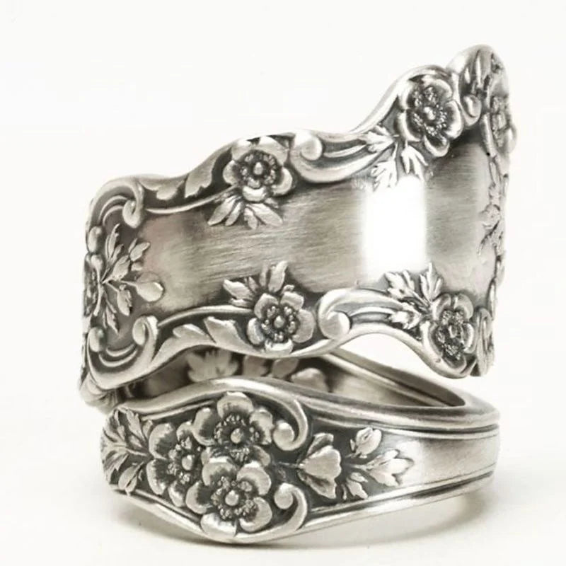 Lotus Flower Spoon Ring — Carved Silver Adjustable Jewelry Gift for Women