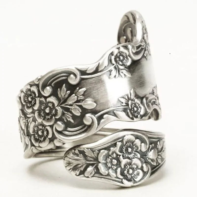 Lotus Flower Spoon Ring — Carved Silver Adjustable Jewelry Gift for Women