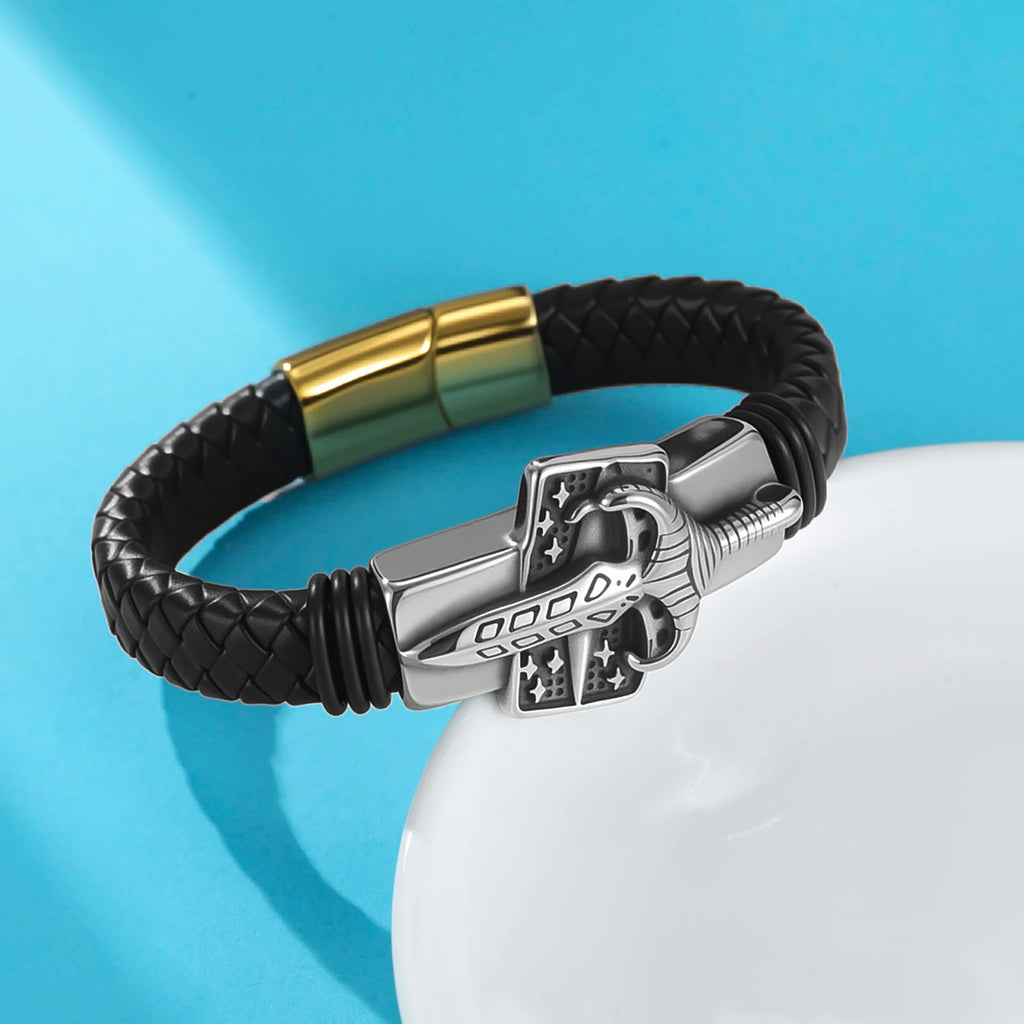 Viking Sword Leather Bracelet — Braided Norse Pagan Wristband for Men