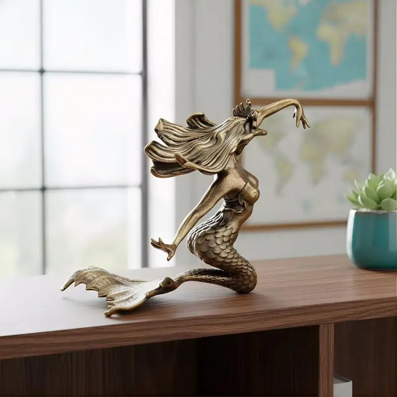 Brass Mermaid Figurine — Nautical Fantasy Desk & Shelf Decor