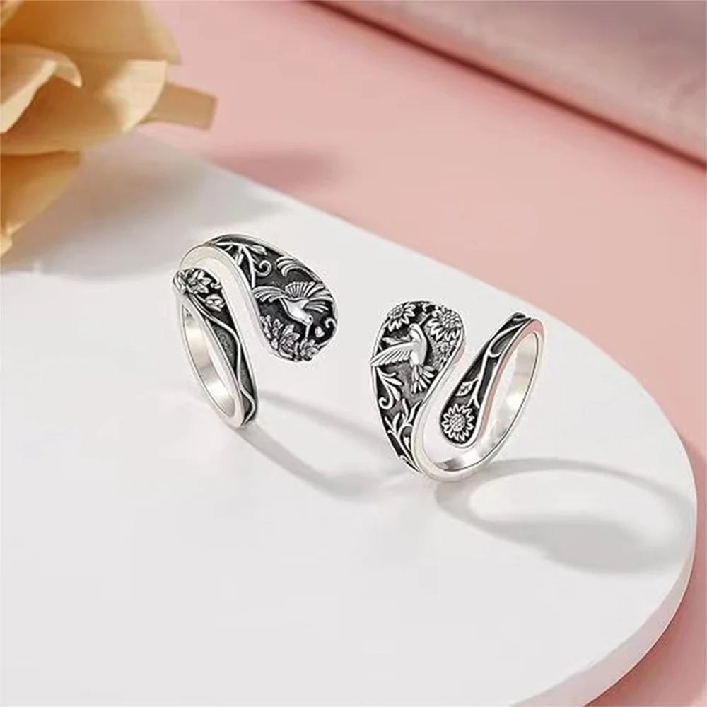 Sunflower & Hummingbird Spoon Ring — Vintage Bohemian Antique Silver Jewelry