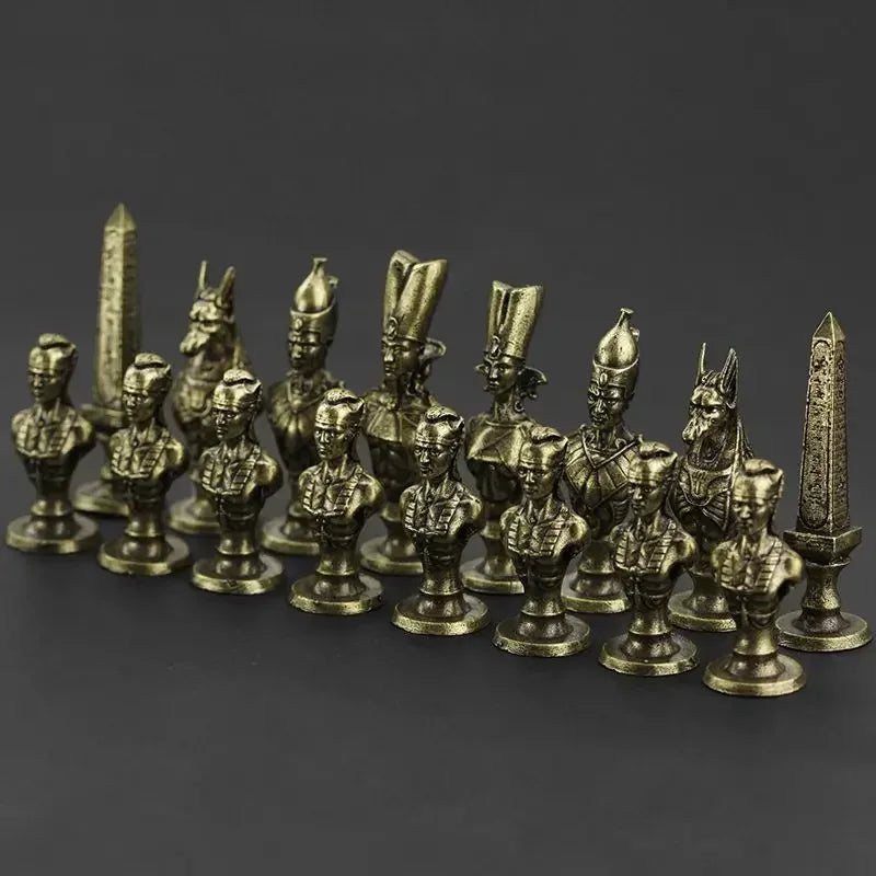 Brass Mini Figurine Creative Chess Miniatures Ancient Egypt King Queen Knight Rook and Pawn Character Sculpture Decoration Craft