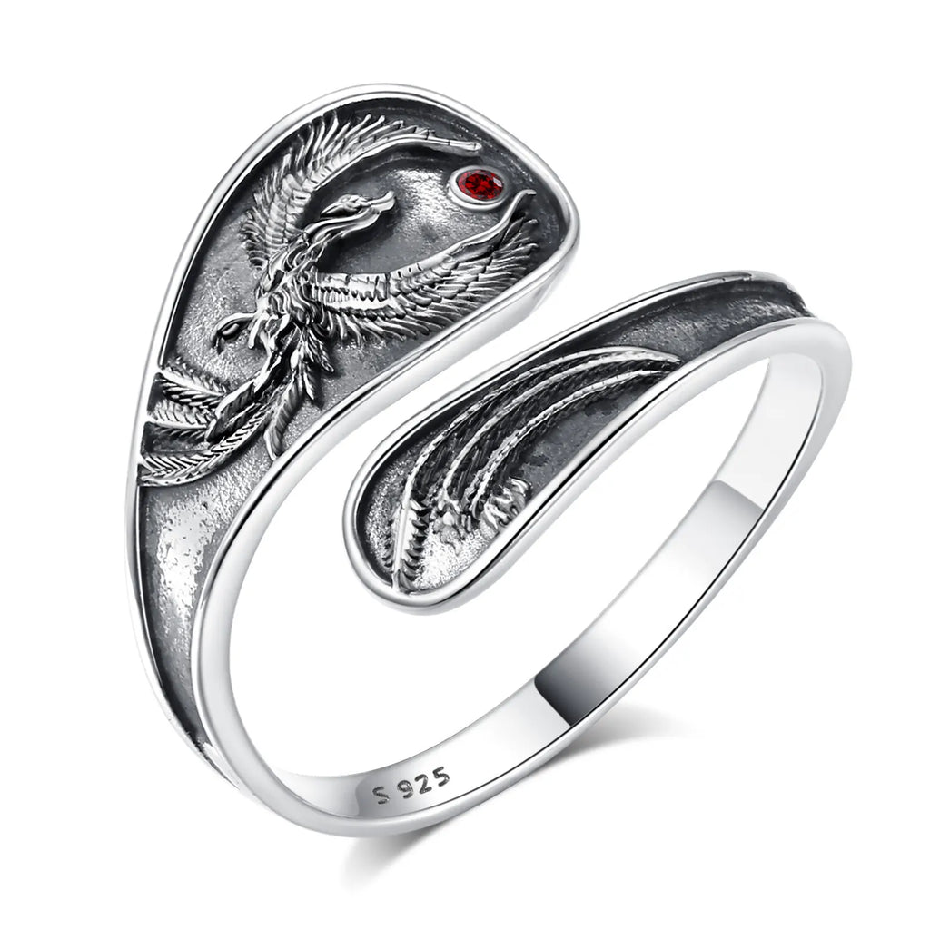 Eudora 925 Sterling Silver Phoenix Adjustable Ring Vintage Sun Phoenix Spoon Ring Personality Jewelry Holiday Gift for Women Man