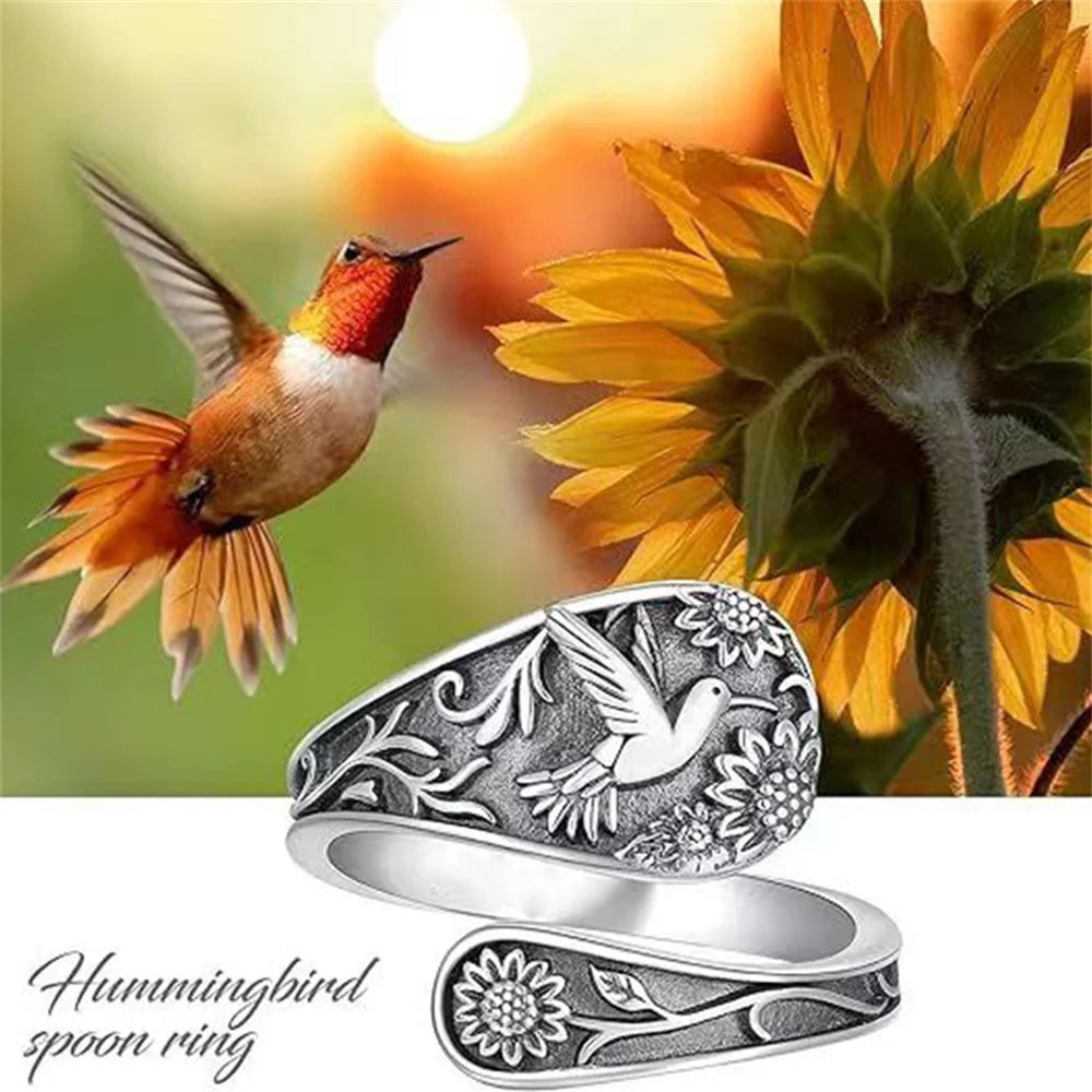 Sunflower & Hummingbird Spoon Ring — Vintage Bohemian Antique Silver Jewelry