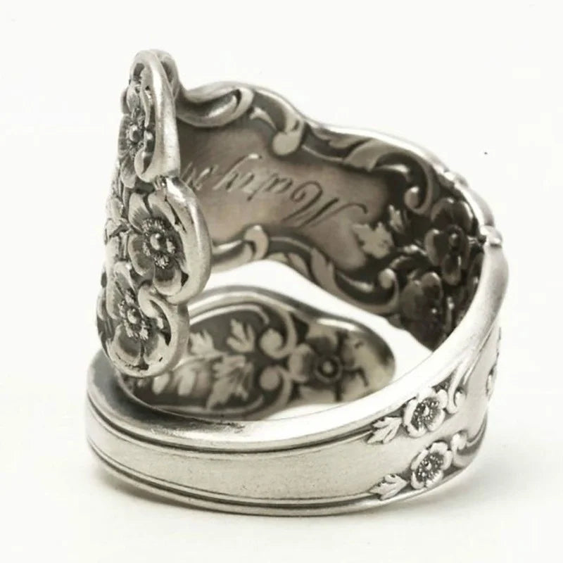 Lotus Flower Spoon Ring — Carved Silver Adjustable Jewelry Gift for Women