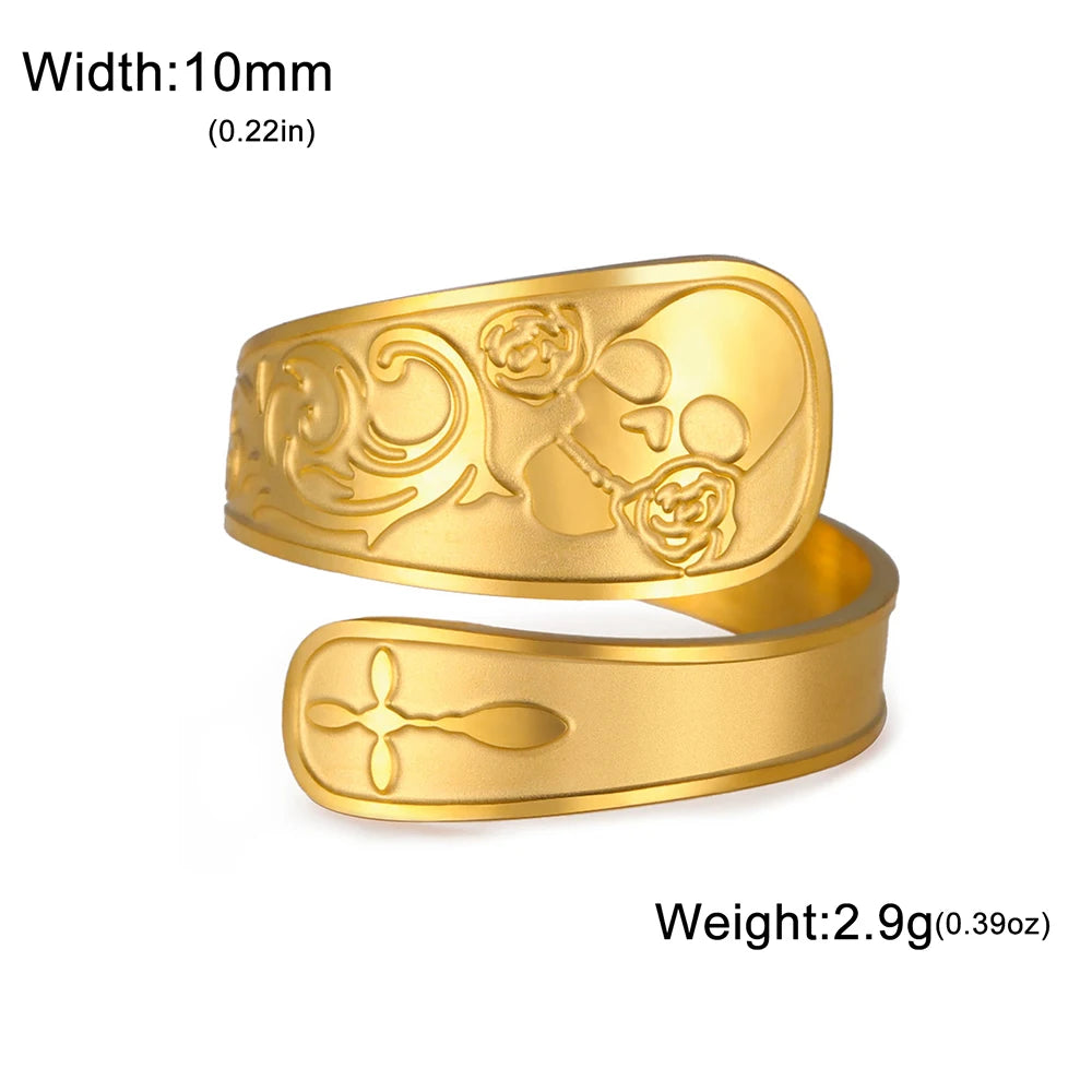 Gothic Skull & Rose Ring — Adjustable Stainless Steel Dark Jewelry