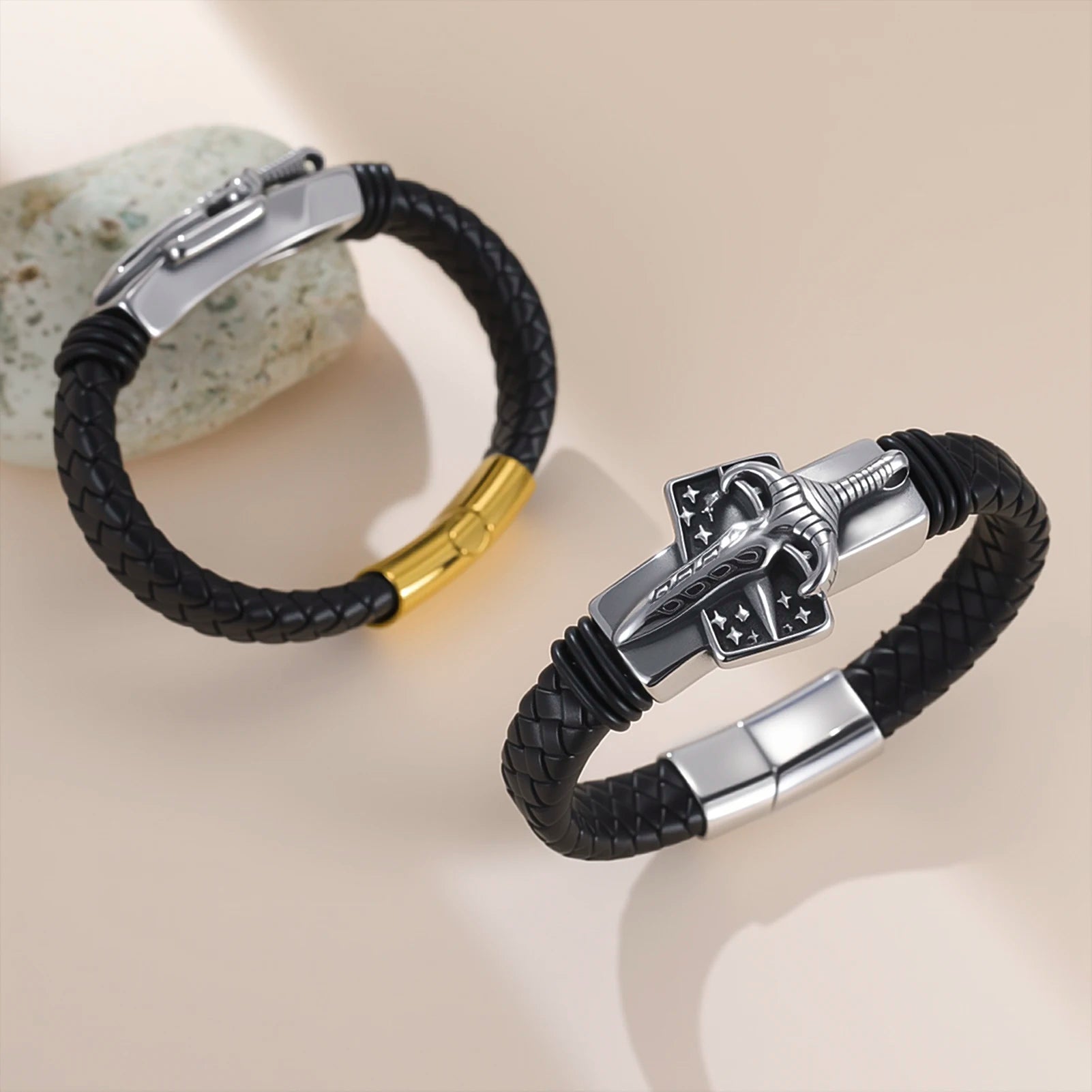 Viking Sword Leather Bracelet — Braided Norse Pagan Wristband for Men