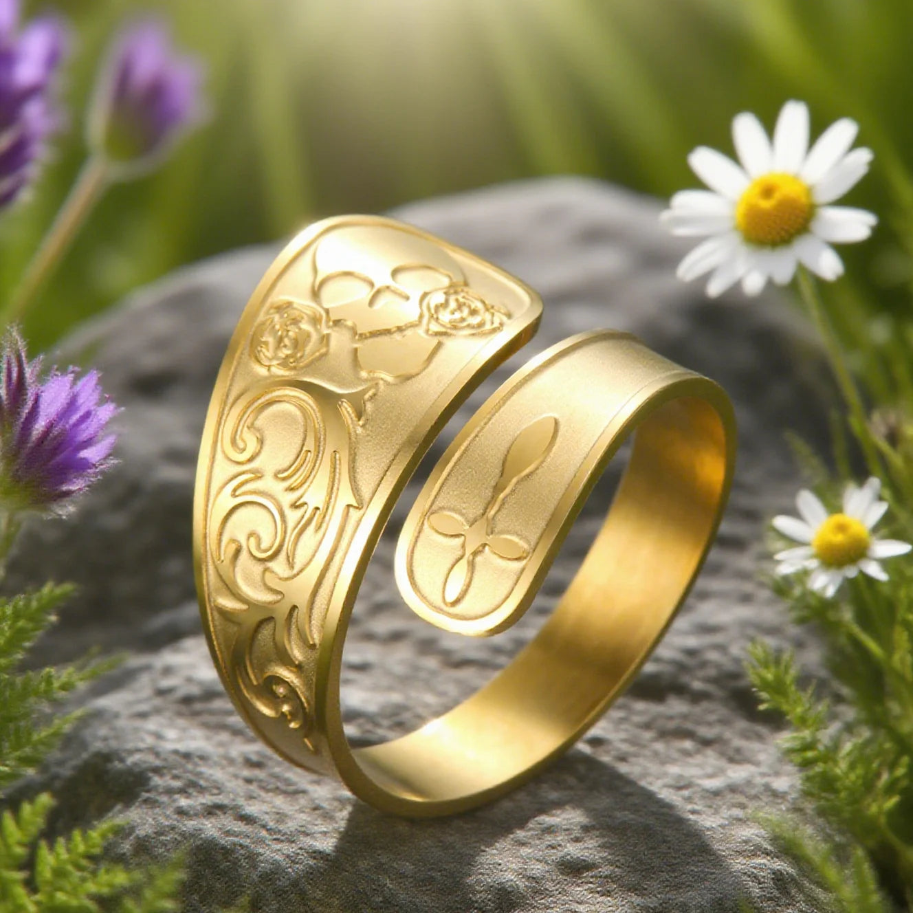 Gothic Skull & Rose Ring — Adjustable Stainless Steel Dark Jewelry