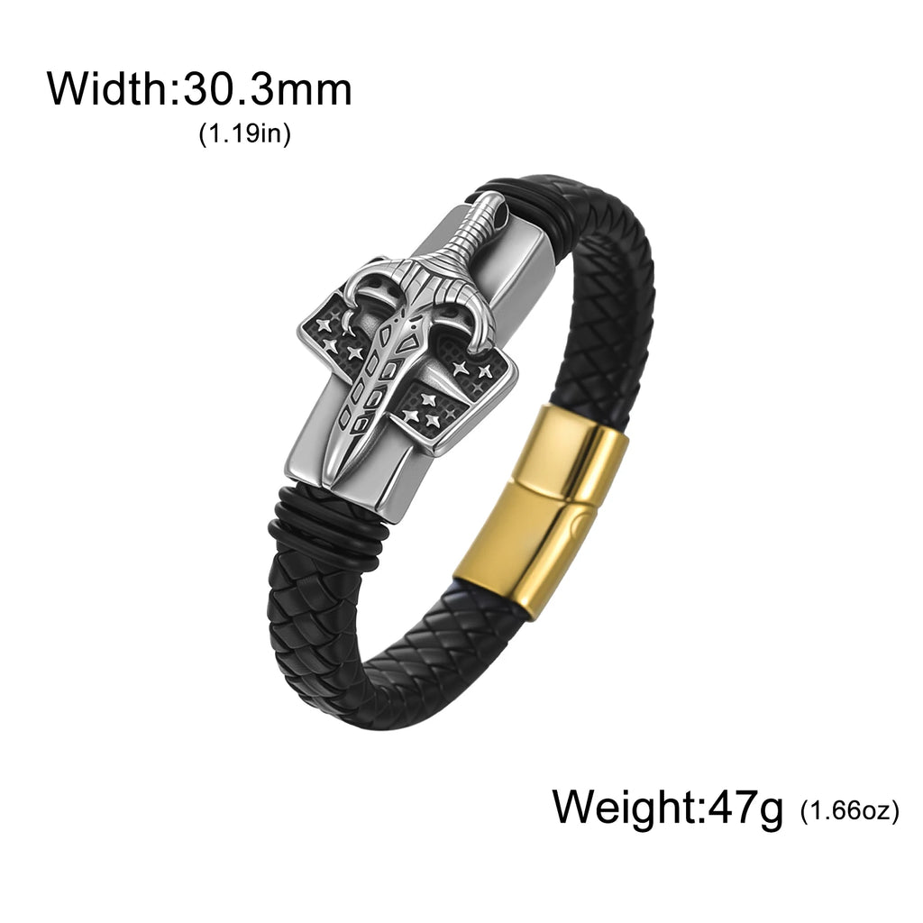 Viking Sword Leather Bracelet — Braided Norse Pagan Wristband for Men