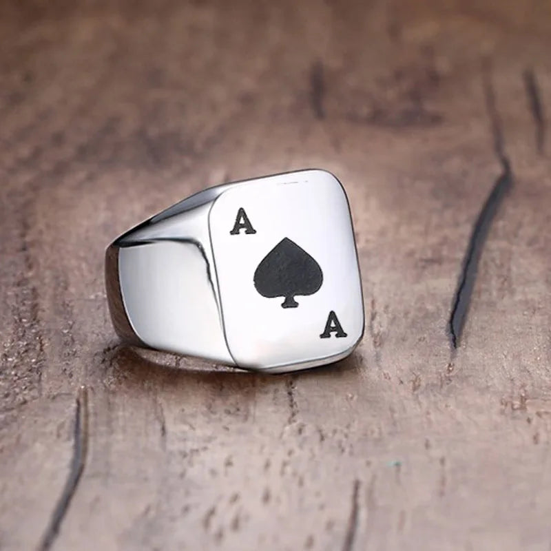 Poker Spades A Ring for Men Boys,Stainless Steel Stamp Ring Chunky Ring,Poker Enthusiast Jewelry Gifts