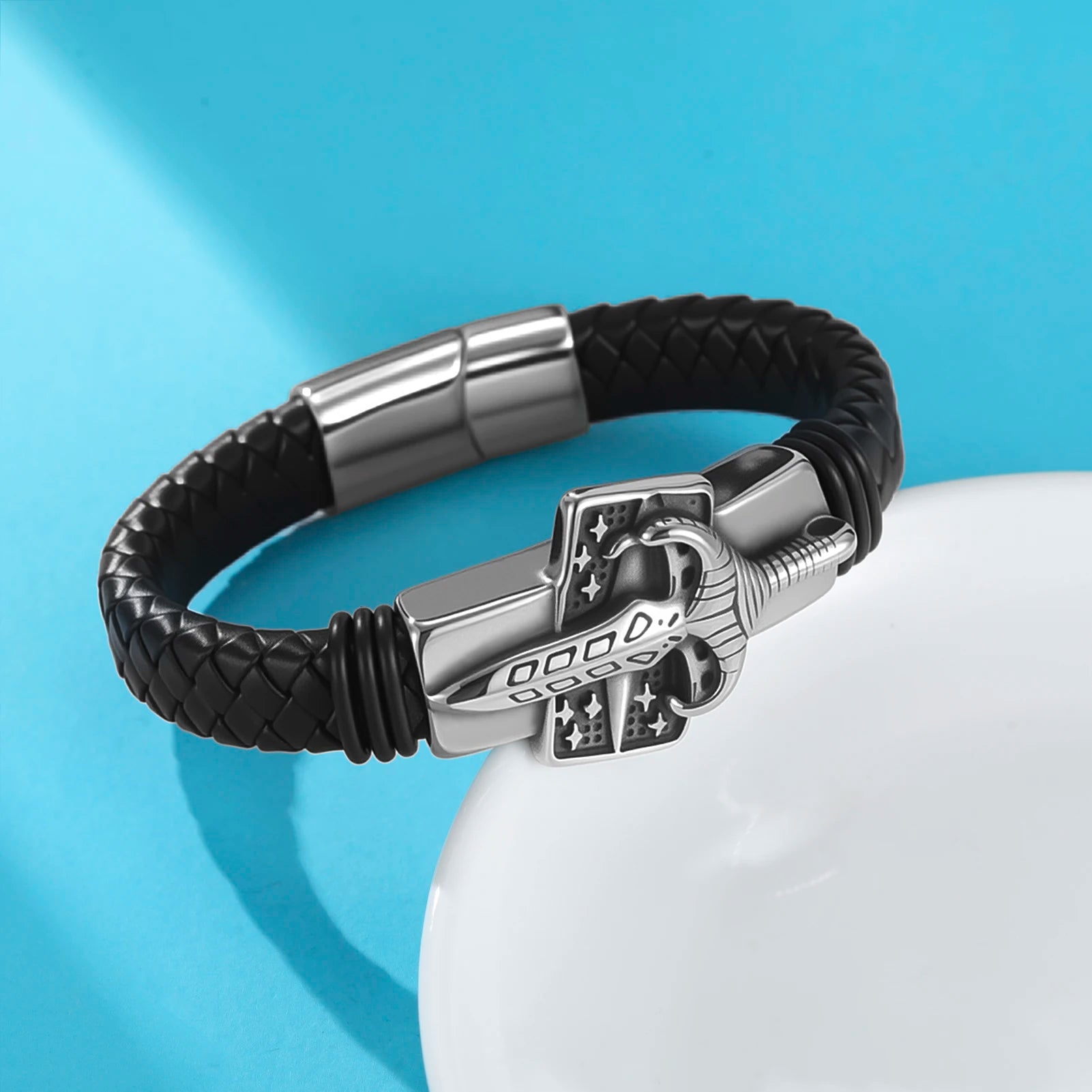 Viking Sword Leather Bracelet — Braided Norse Pagan Wristband for Men