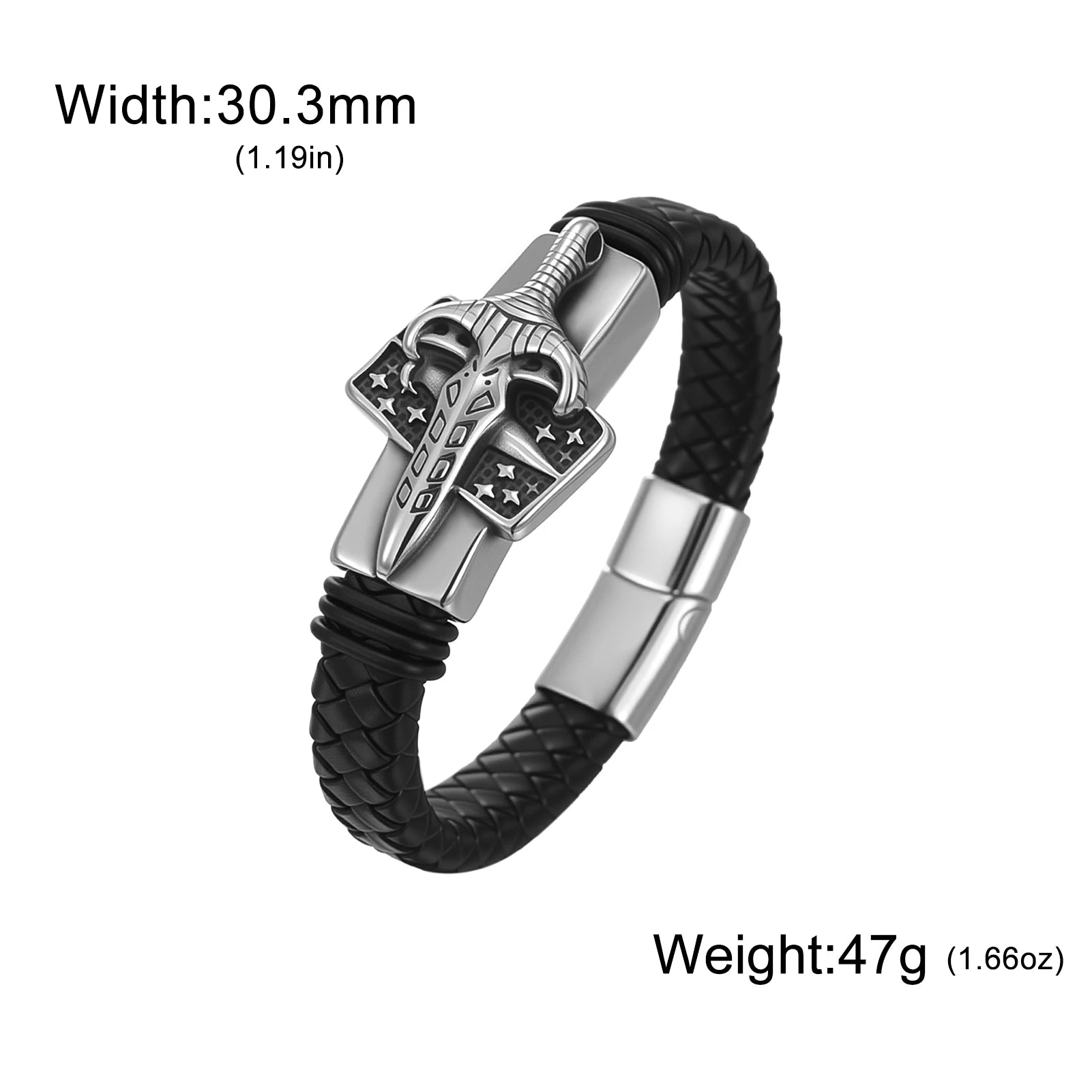 Viking Sword Leather Bracelet — Braided Norse Pagan Wristband for Men