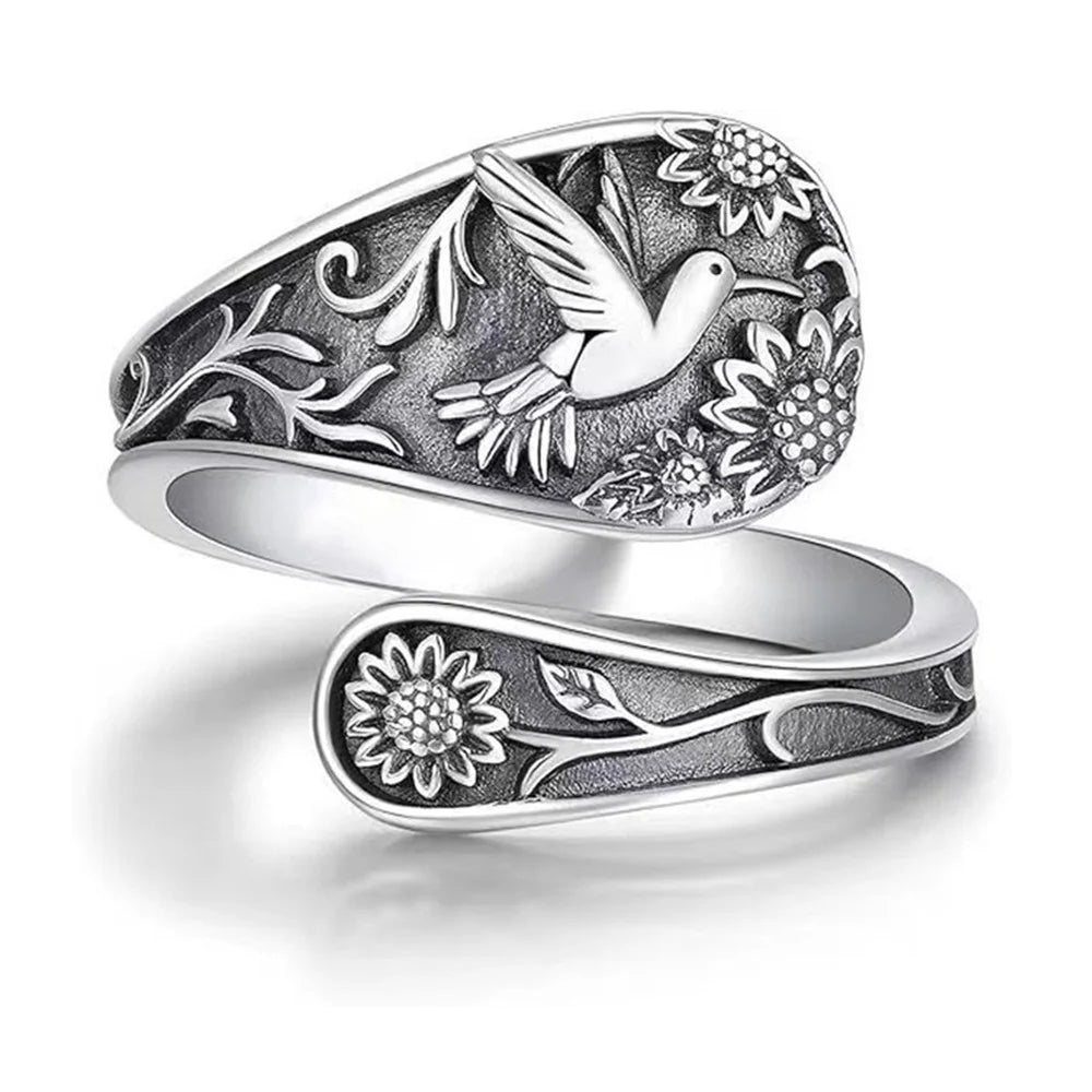 Sunflower & Hummingbird Spoon Ring — Vintage Bohemian Antique Silver Jewelry