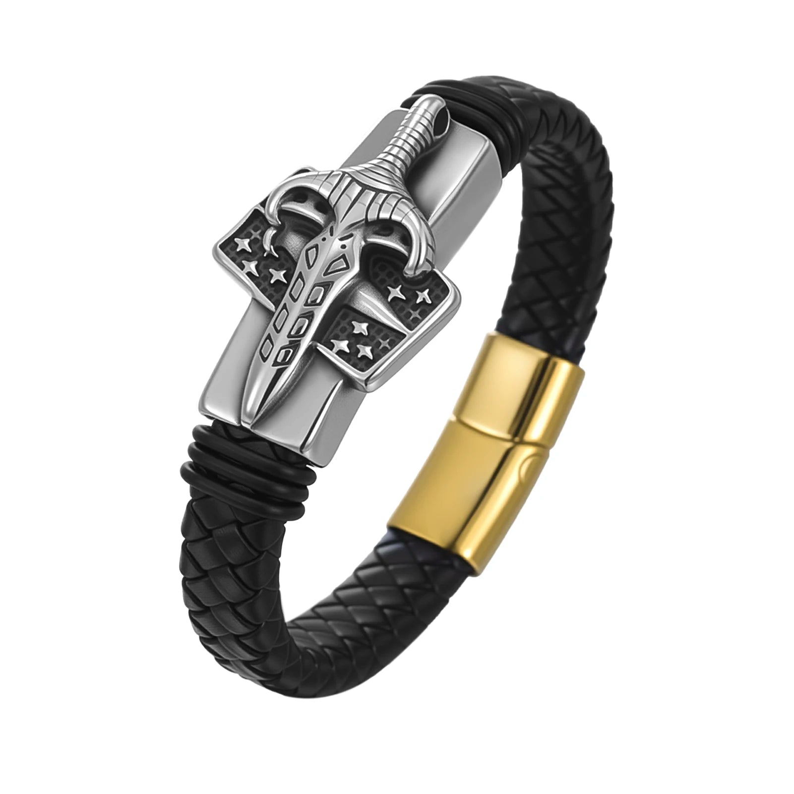 Viking Sword Leather Bracelet — Braided Norse Pagan Wristband for Men