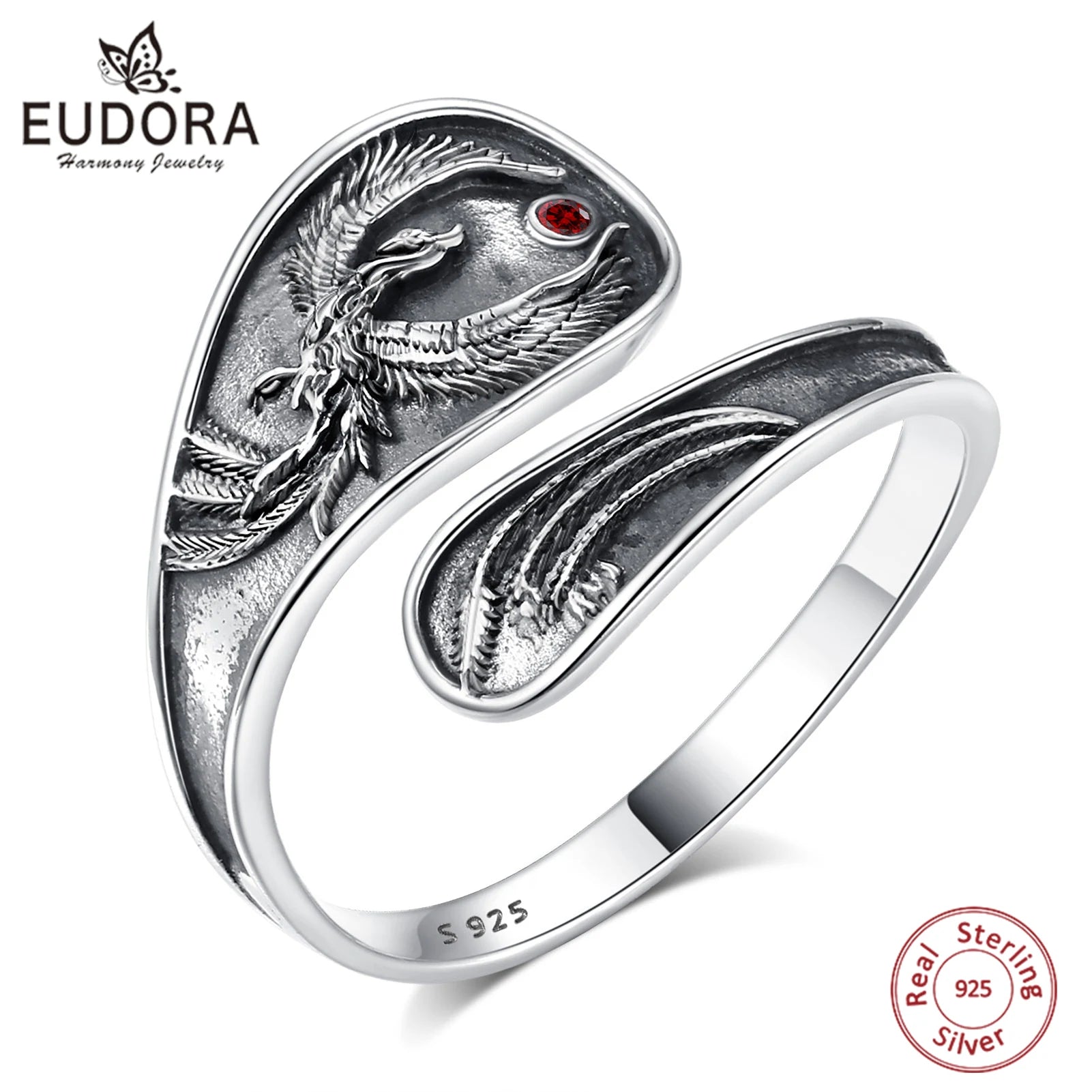 Eudora 925 Sterling Silver Phoenix Adjustable Ring Vintage Sun Phoenix Spoon Ring Personality Jewelry Holiday Gift for Women Man