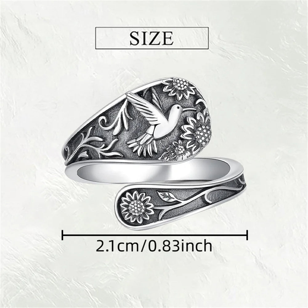 Sunflower & Hummingbird Spoon Ring — Vintage Bohemian Antique Silver Jewelry