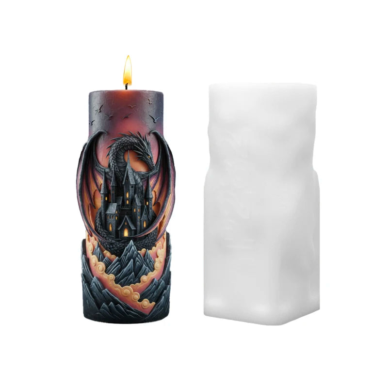 【Dragon Castle 3D Embossed Candle Mold】Gothic Fantasy Dark Style Castle Dragon Carving Candle Mold Halloween Christmas Atmosphere Decoration Creative Gift