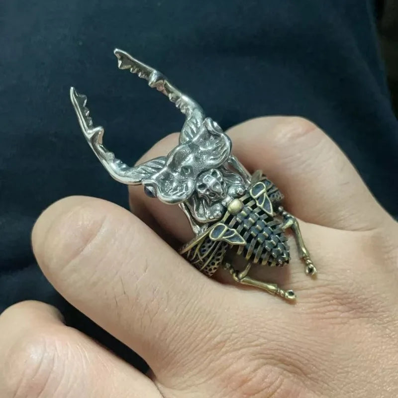 Stainless steel ring punk puzzle deep mountain shovel armor handmade Kun beetle men's and women's rings Halloween gifts