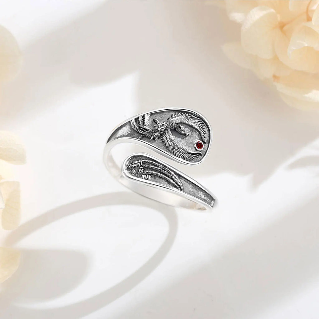 Eudora 925 Sterling Silver Phoenix Adjustable Ring Vintage Sun Phoenix Spoon Ring Personality Jewelry Holiday Gift for Women Man