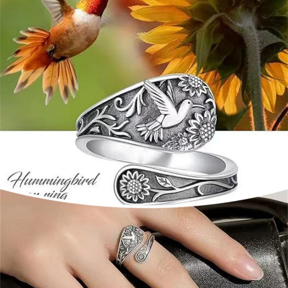 Sunflower & Hummingbird Spoon Ring — Vintage Bohemian Antique Silver Jewelry