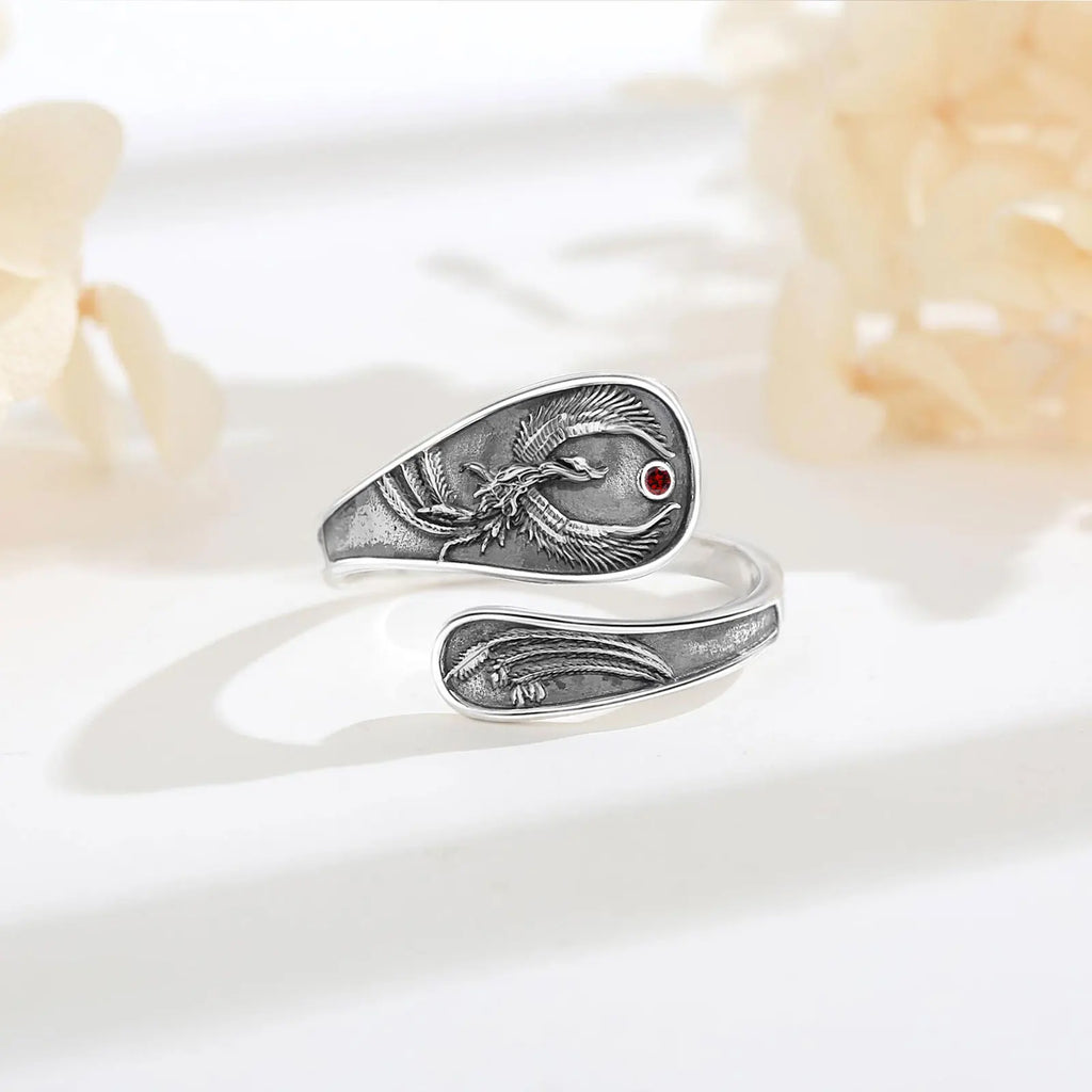 Eudora 925 Sterling Silver Phoenix Adjustable Ring Vintage Sun Phoenix Spoon Ring Personality Jewelry Holiday Gift for Women Man