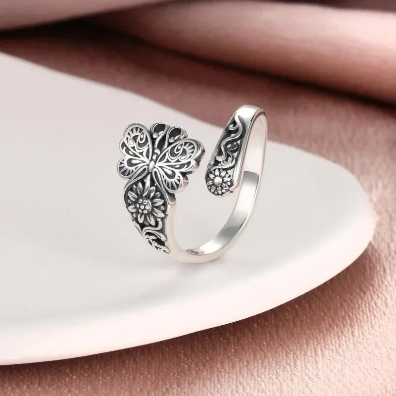 Butterfly Spoon Ring — Vintage Silver Adjustable Victorian Style Jewelry